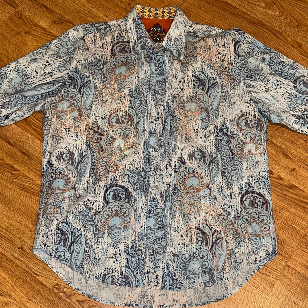 Robert Graham Suge Knight White Baby Blue Paisley Embroidered Dress Shirt XL